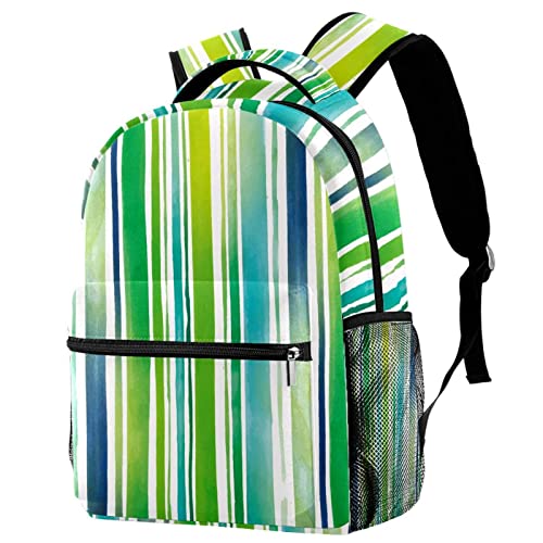 Sac à dos campus à rayures aquarelles bleues et vertes avec porte-bouteille