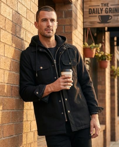 Image of ZENTHACE Men's Quilted Lined Hooded Plaid Jacket,Zipper & Snap Closure