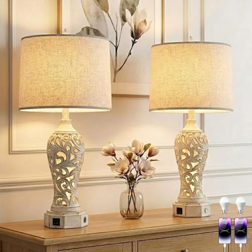 26.3’’ Dimmable Table Lamp, 3 Color Temperatures, Stepless Dimming, Hollow Out Resin Bedroom Lamps with USB Ports, Rustic Lamps Set of 2, Wash White Farmhouse Lamps for Living Room(Bulbs Included)