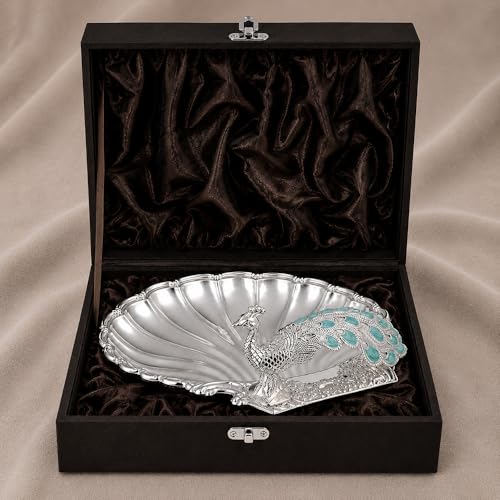 Image of Diviniti German Silver Peacock Decorative Bowl with Blue Enamel Design | Luxury Silver Plated Dry Fruit & Sweet Serving Tray for Home Decor, Dining Table, Festive Gifting with Box Wedding Decor Style.