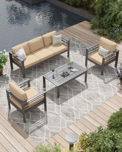 Image of AECOJOY Aluminum Patio Furniture Set, 5 Seats Modern Outdoor Furniture with Coffee Table, 4 Pieces Metal Conversation Sectional Sofa, Beige