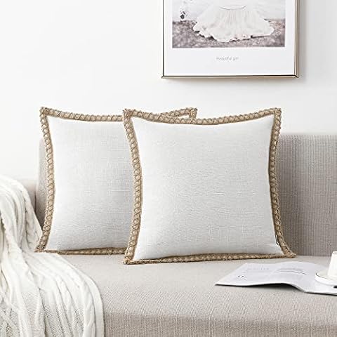 NordECO HOME Pack of 2 Linen White Cushion Covers 45x45 cm Decorative Farmhouse Burlap Trimmed Edges 18x18 for Sofa Decor Cover