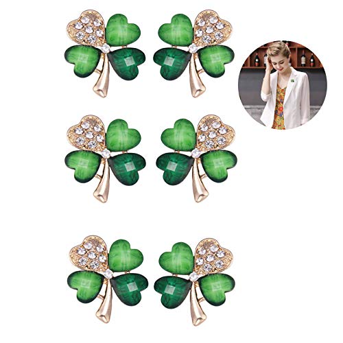 FAFAHOUSE 6 PACK Four Leaf Clover Irish Lucky Shamrock Brooch Pin Crystal St Patrick's Day Women Jewelry Spring Accessory Green