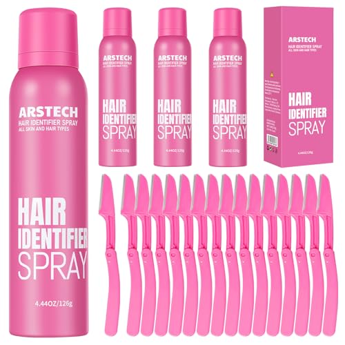 Hair Identifier Spray for Face Shaving Dermaplaning Tool 4 Pack Skin Body Dermaplaning Spray for Women with 16 Face Razor for Face Shaver Hair Removal Kit Excess Hair Dermaplane Razor for Women Face