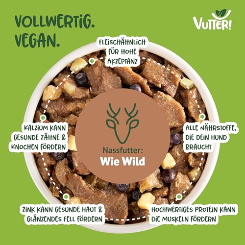 VUTTER Nassfutter Wie Wild, 12x400 g: Hundefutter Vegan - Alleinfutter für Hunde - Fleischähnlich für hohe Akzeptanz - Sojaprotein für Muskeln, Zink für Haut & Fell, Kalzium für Zähne & Knochen