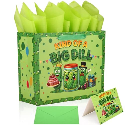 Fukaisu Pickle Gift Bag, Funny Pickle Gift Bag with Tissue Papers Message Card and Envelope Cute Cucumber Theme Party Favors Suitable for Birthday Party Supplies