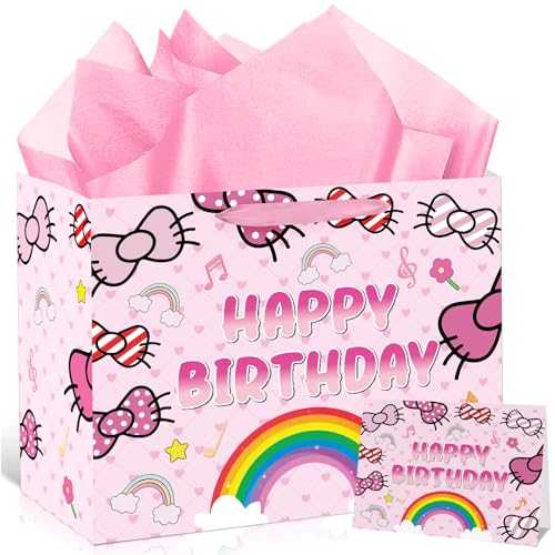 Large Cartoon Cat Birthday Gift Bag with Greeting Card and Tissue Paper Pink Bow Rainbow Party Favor Bags with Handles Cute Cat Gift Wrapping Paper Candy Bags for Birthday Baby Shower Party Supplies