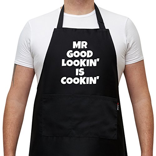 Savvy Designs Aprons for Men - Adjustable Black Apron with Pockets, Mr Good