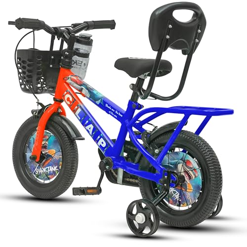 Image of Shark Tank 12T Kids Bicycle for Boys & Girls with Training Wheel, Front Basket, PU Soft Seat with Backrest, Full Chain Cover & Stylish Wheelcards (Orange /Blue, 12T)
