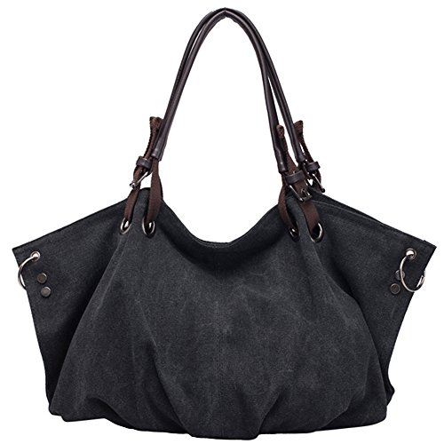 FiveloveTwo Women Casual Hobo Tote Canvas Handbag Top Handle Shoulder Crossbody Shopper Bag Black