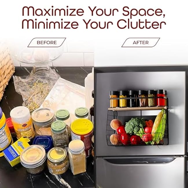 Set of 2 Magnetic Fridge Shelves, Black Metal & Light Oak Wood. Sleek Magnetic Rack Organizer for Spices, Condiments, Veggies, & More. Minimalist Magnetic Fridge Shelf, Storage Bin Basket.