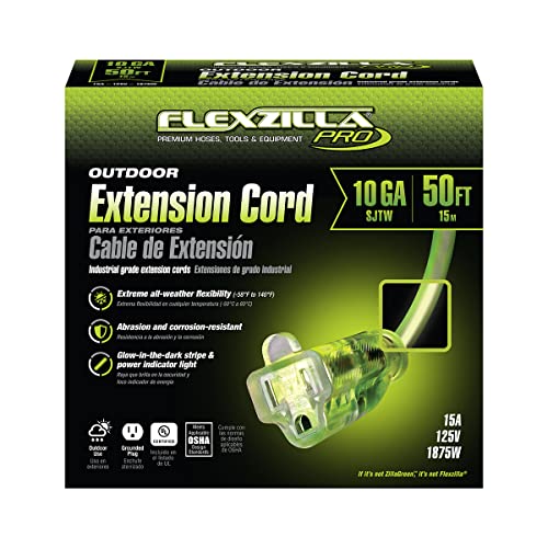 Image of Flexzilla Pro Extension Cord, 10 /3 AWG SJTW, 50 ft, Lighted Plug, Indoor /Outdoor, ZillaGreen - 727-103050FZL5F