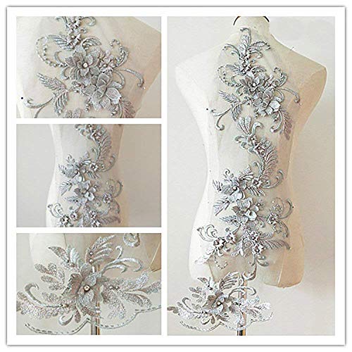 Apliques de encaje 3d Motivos de parches Lentejuelas Diamante Beads Trim Ideal para bricolaje Costura artesanal Sastrería Boda nupcial 3 en 1 plata Cover