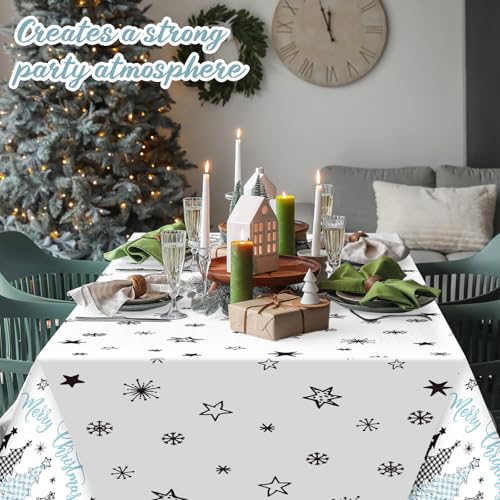 Ganeen 3 Pcs Christmas Tablecloth Disposable Plastic Merry Christmas Trees Table Cloth Snowflakes Star Buffalo Plaid Blue Rectangle Table Cover Waterproof for Xmas Winter Party Decor, 54 x 108 Inch – Image 6