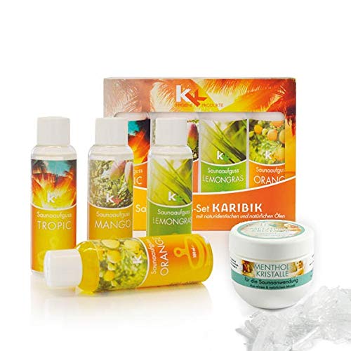 Sauna Set | KK Saunaaufgussset 4 x 100 ml + 50g Mentholkristalle | Saunakonzentrat + Menthol-Kristalle (Karibik), inkl. 50 g Menthol-Kristalle)