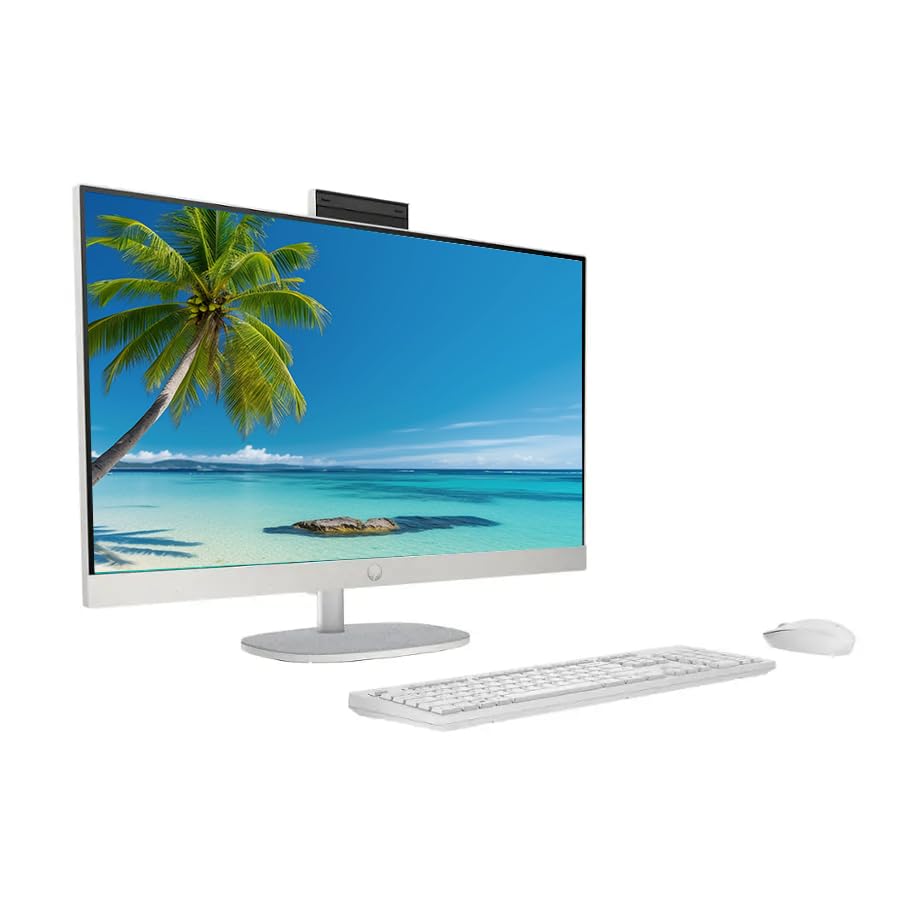Image of HP 27 inch FHD Touchscreen All-in-One Desktop Computer, Intel 12-Core Ultra 7 Processor, 32GB RAM 1.5TB Storage (1TB SSD+512GB External), Wireless Keyboard & Mouse, Windows 11, PLUSERA Earphones, White