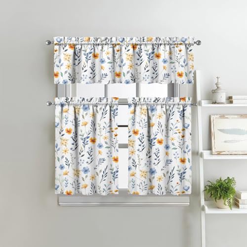 Image of Floral Kitchen Curtains 3 Piece Set Tier Valance Window Decor
