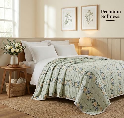 Image of VAS COLLECTIONS Cotton AC Blanket for Single Bed (152 x 225 cm) | Reversible Soft Lightweight All-Season Blanket | Skin-Friendly & Breathable Comforter (Mint Blossom Garden)
