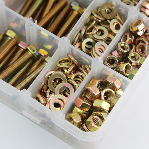 YEEZET 1000 PCS Schrauben und Muttern M4 M5 M6 Verzinkt 8.8 Sechskantschrauben, Unterlegscheiben, Federringe und Muttern Sortiment Kit, 15 Gebräuchlichste Größen, 10-40mm