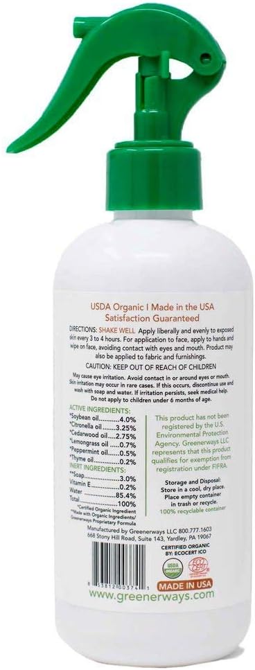 Greenerways Organic Natural Bug Spray, Insect Repellent, USDA Organic, Mosquito-Repellent, Bug Repellant, DEET-Free, Pest Control (12oz, 2 Pack) : Health & Household