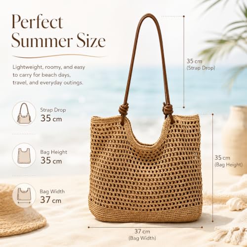 Bolso de playa tejido a mano Jansben para mujer con asas de cuerda de algodón y cuero sintético miniatura 6