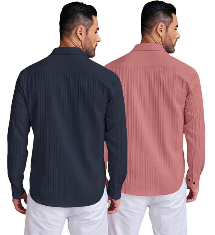 Image of DEELMO Combo of Men's Casual Button Down Shirts Long Sleeve Linen Shirt Fashion Textured Summer Shirts Pack of 2