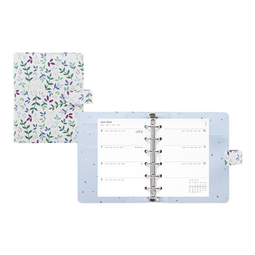 Filofax Agenda 2025 da giardino, tascabile, effetto pelle, dettagli in lamina d'oro, sei anelli, visualizzazione settimanale, multilingue, C028712-25