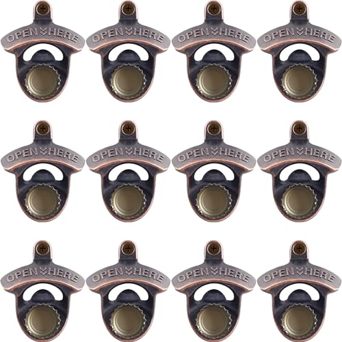 HAIICEN Magnetic Bottle Opener Wall Mount Bulk 12 Packs Antique Copper Screw in Wall Beer Cap Opener with Manget for Wood Caddy Board Backyard