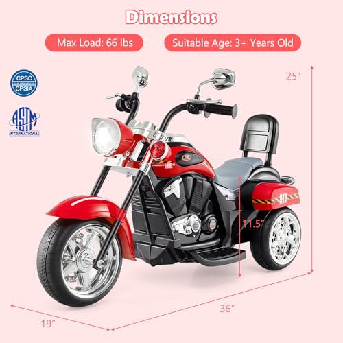 Image of Costzon 6V Ride on Chopper Kids Motorcycle with Horn, Headlight (Fire Red) | Battery Powered, 3-Wheel Stable Ride on Toys, Electric Toddler Motorcycle for Kids, Gift for Boys Girls
