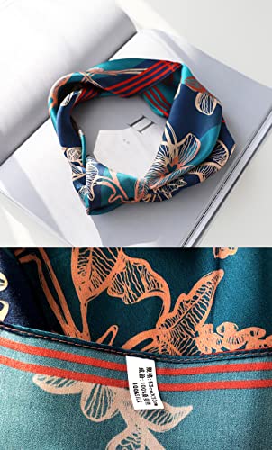 MEISEE Pure Natural Mulberry Silk Scarfs Women Small Square Scarf 21" x 21" Breathable Lightweight Neckerchief Printed Headscarf (Red + blue flowers)3