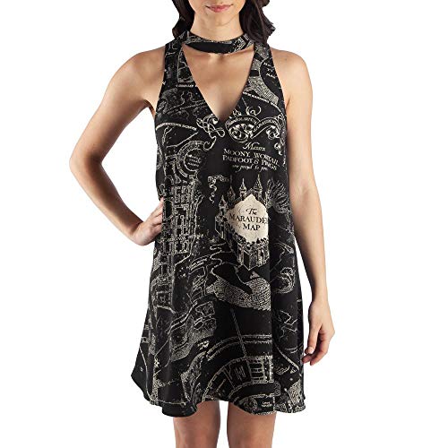 Bioworld Harry Potter Marauders Map Juniors' Sleeveless Choker V-Neck Dress-Small Black