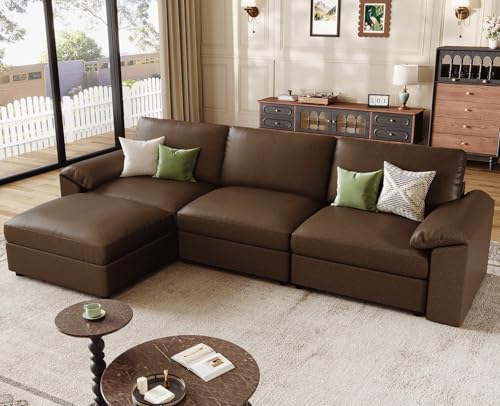 Image of EASE MOOSE Leather Sectional Couch, Oversized Modular Sectional Sofas, Vintage Wide Deep Seat Modular Couch, Scratch Resistant Faux Leather Material, L Shaped Sofa for Big Spaces,Deep Brown