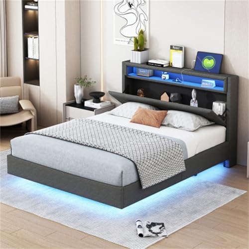 Cama Familiar Estructura De Cama para Adultos Jóvenes Cama Tapizada con Toma USB Y LED Cama Doble King Size Cabecero Reversible Pie De Cama Oculto Cama Juvenil Tejido De Lino Gris 140x200cm
