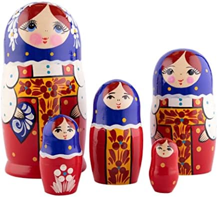Heka Naturals Red Sarafan Nesting Dolls | All Natural Wooden Matryoshka Doll Set of 5 (7 Inch) - Traditional Babushka Home Decor, Wooden Stacking Dolls, Vintage Handmade Shape