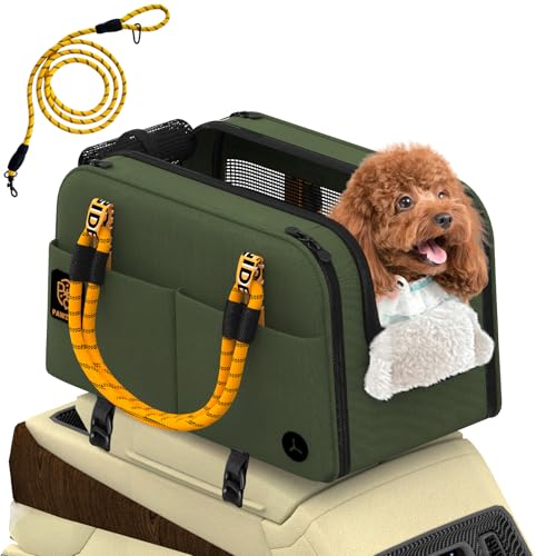 PAWZIDEA Center Console Dog Car Seat, Enclosed Secure Armrest Booster Seat for Small Dogs & Cats up 12lbs, Soft-Sided Travel Pet Carrier Safety Straps
