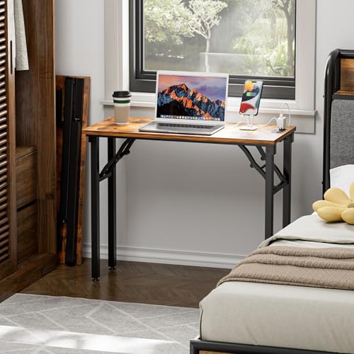 Image of TEMI Small Computer Desk Folding Table - No Assembly, Compact 35.8 inch Foldable Desk with Power Outlets & USB Charging Port, Portable Small Office Desk, Ideal Mini Study Table for Narrow Spaces, Brown
