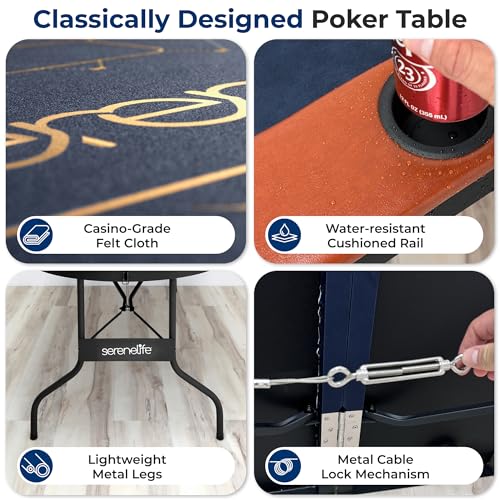 SereneLife 6ft Foldable Poker Game Table, 8 Player Casino Style Oval Card Table with Cushioned Rails, 8 Cup Holders, Metal Legs, Water-Resistant, Felt-Surface, Games Table 71.65"x32.28"x29.13" Inch