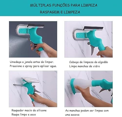 Limpador de Rodo de Janela com Spray, Ferramenta 4 em 1 para Limpeza de Vidros, Espelhos, Azulejos,