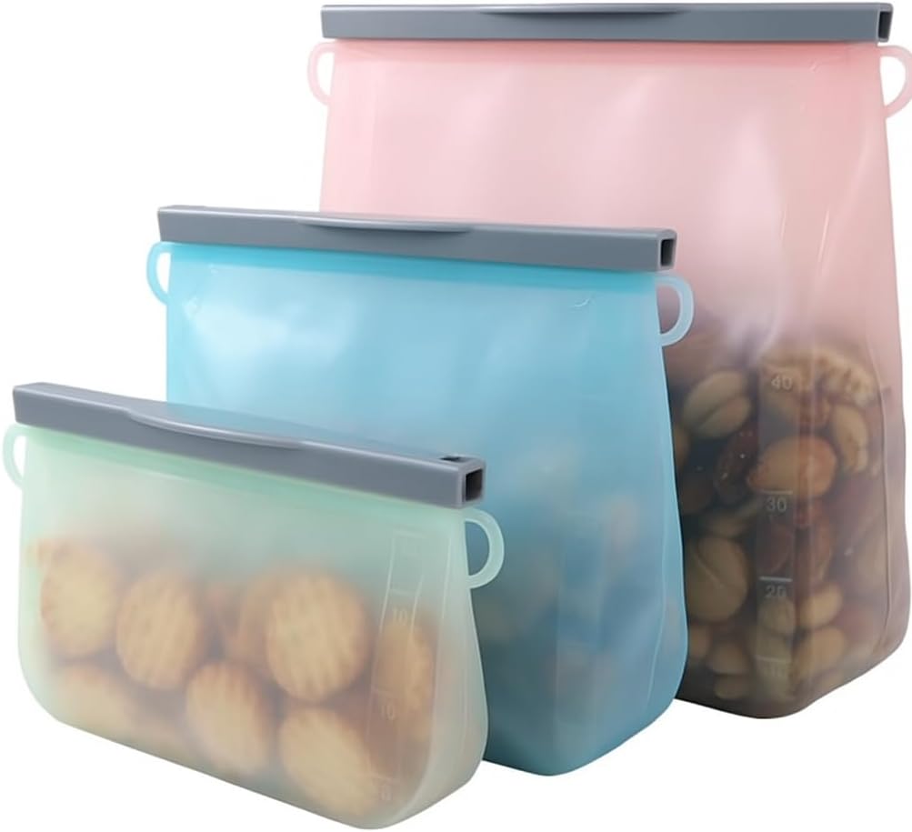 Reusable Silicone Food Storage Bags: Leak-Reistent Stand-up Pouches for Meal Prep, Sandwiches, Snacks, Baby Food, 3 Pack (500ml, 1000ml, 1500ml). BPA-Free, Freezer and Dishwasher Safe, Eco-Friendly