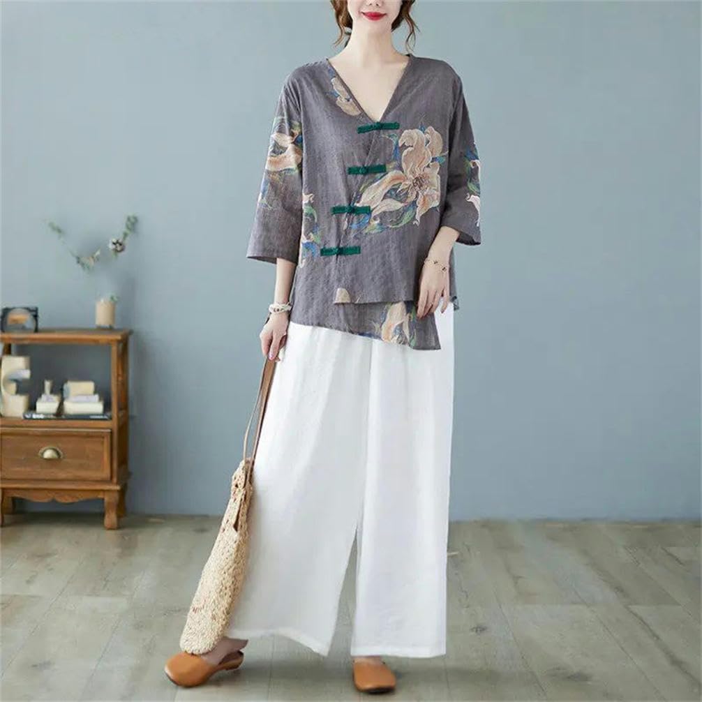 China Cotton Linen V Neck Tops Women Traditional Tang Suit Blouses Chinese Style Harajuku Irregular Vintage Shirt Hanfu