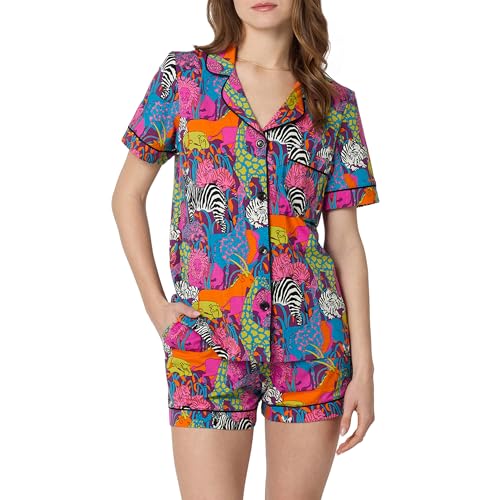 Image of Trina Turk Womens Short Sleeve Notch Collar & Shorts Sleepwear Pajama Set, Organic Cotton
