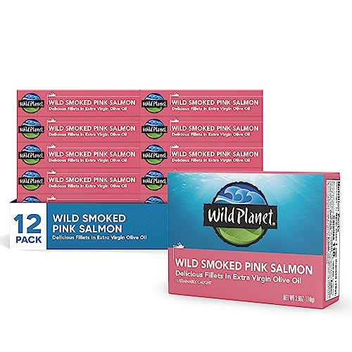 Wild Planet Wild Smoked Pink Salmon Fillets in Extra Virgin Olive Oil, Tinned Fish, Canned Salmon, Sustainably Wild-Caught, Non-GMO, Keto and Paleo, 3.9 oz, pack of 12