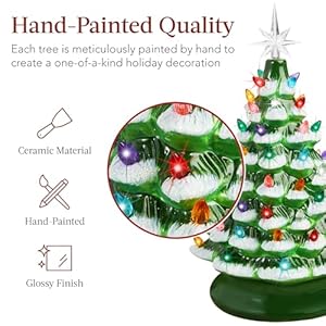 Best Choice Products 15in Ceramic Christmas Tree Pre lit Hand Painted Tabletop Holiday Tree 2 Star Toppers 64 Lights Flocked wMulticolored Bulbs