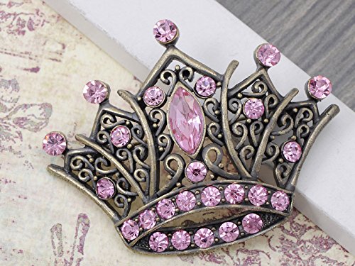 Image of Alilang Antique Brass Tone Shiny Pink Crystal Rhinestones Princess Queen Crown Brooch Pin