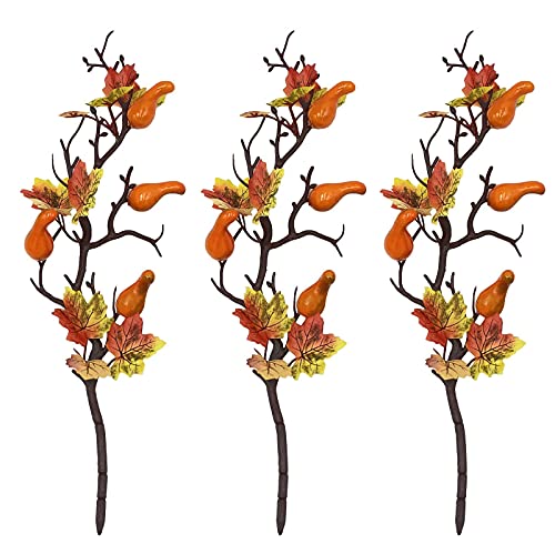 Okngr 3 Pcs Artificial Pumpkin Branches, Artificial Pumpkin Berry Twig Stem Fake Maple Leaves Branches with Berry Pumpkin Pine Cone Faux Pumpkin Picks for Autumn Fall Thanksgiving Harvest Decor, A2