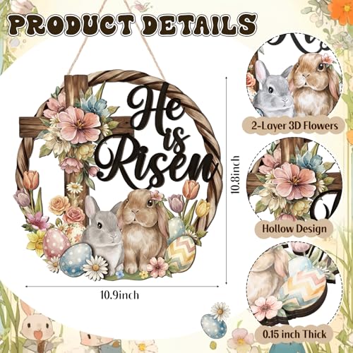 Yalikop He is Risen Easter Wreaths for Front Door Easter Bunny Decorations Wood Cross Sign Religious Ornaments Door Wall Hanging Crafts for Home Porch Window by Yalikop - Image 2