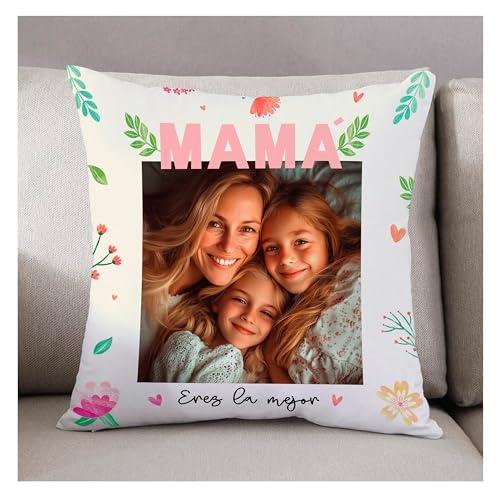 PRONENS. Funda Cojín Personalizada con Foto y Texto Mamá- Regalo Emotivo para Mamá, Día de la Madre, Cumpleaños, Impresión a 1 Cara, Relleno Opcional, desenfundable sin Cremallera - 40x40 (Rosa)