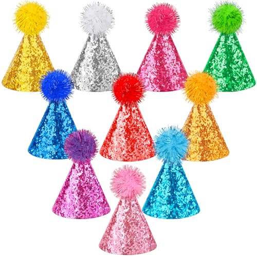 10 Pcs Glitter Mini Birthday Party Hats Multicolor Paper Cone Hats for Kids Girls Pets Stuffed Animals Birthday Holiday Decoration Supplies