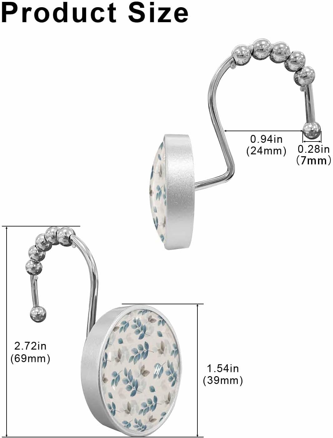 Shower Curtain Hooks 12 Pcs Blue Gray Eucalyptus Leaves Linen Background Stainless Steel Rust Proof Rolling Shower Curtain Rings, Decorative Shower Curtain Hooks Hangers for Bathroom