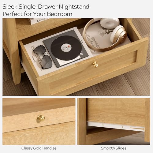 Image of EYYTHUNG Wooden Nightstands with Drawer Modern 24 inch Wide End Table Night Stand Large Farmhouse Bedside Table with Open Shelf Mid Century Night Stands for Sofa, Natural Oak
